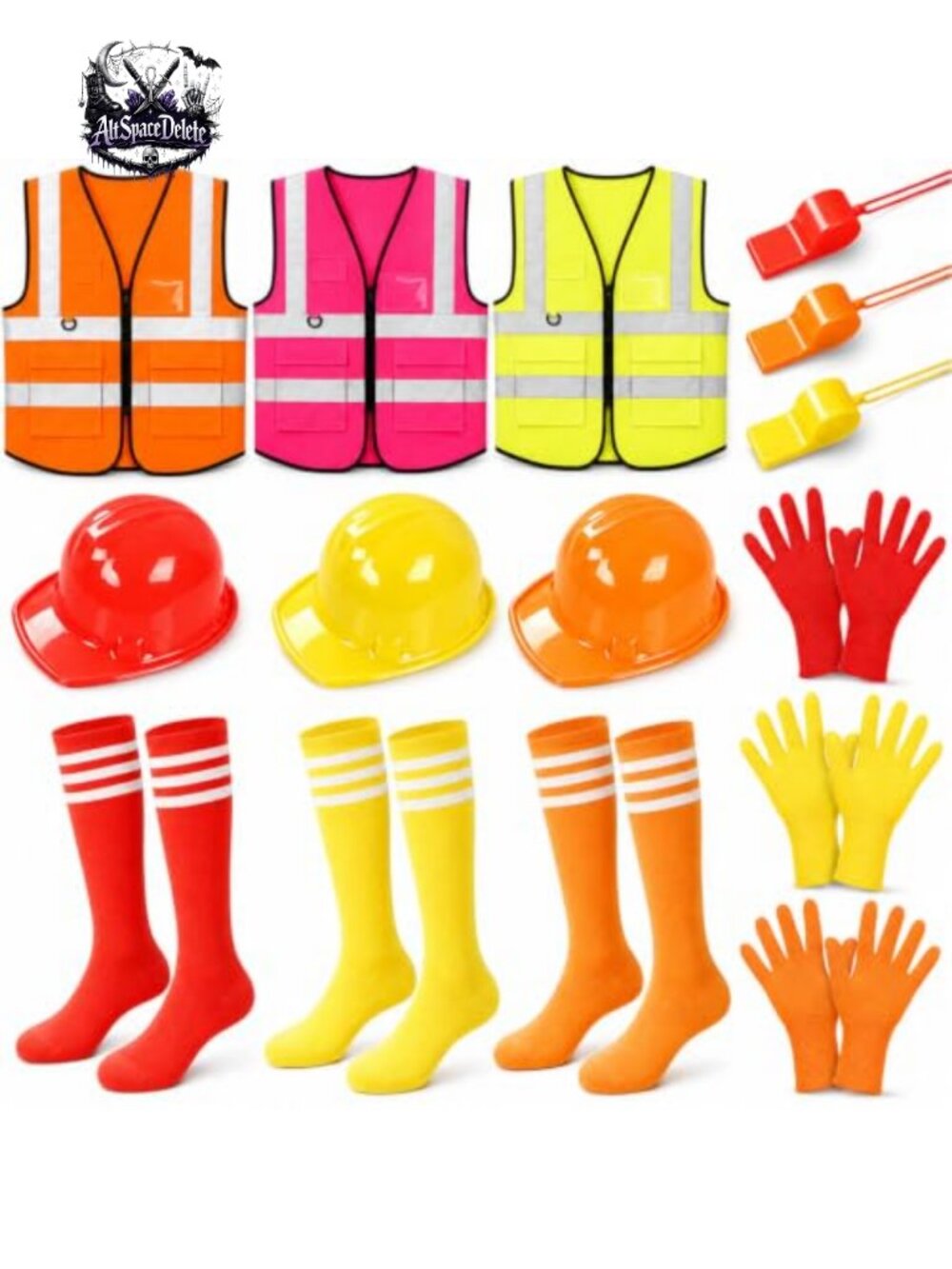 Adult Construction Worker Costume Set 3 Vests Hats Gloves Whistles Socks
